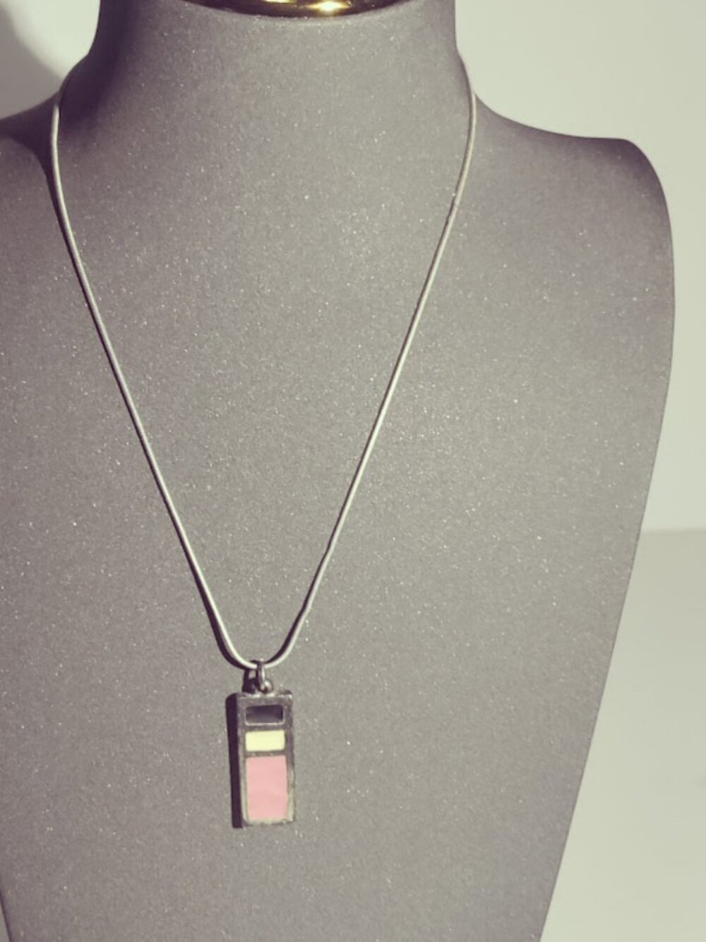 Silver Tone Pink Black White Geometric Pendant Necklace